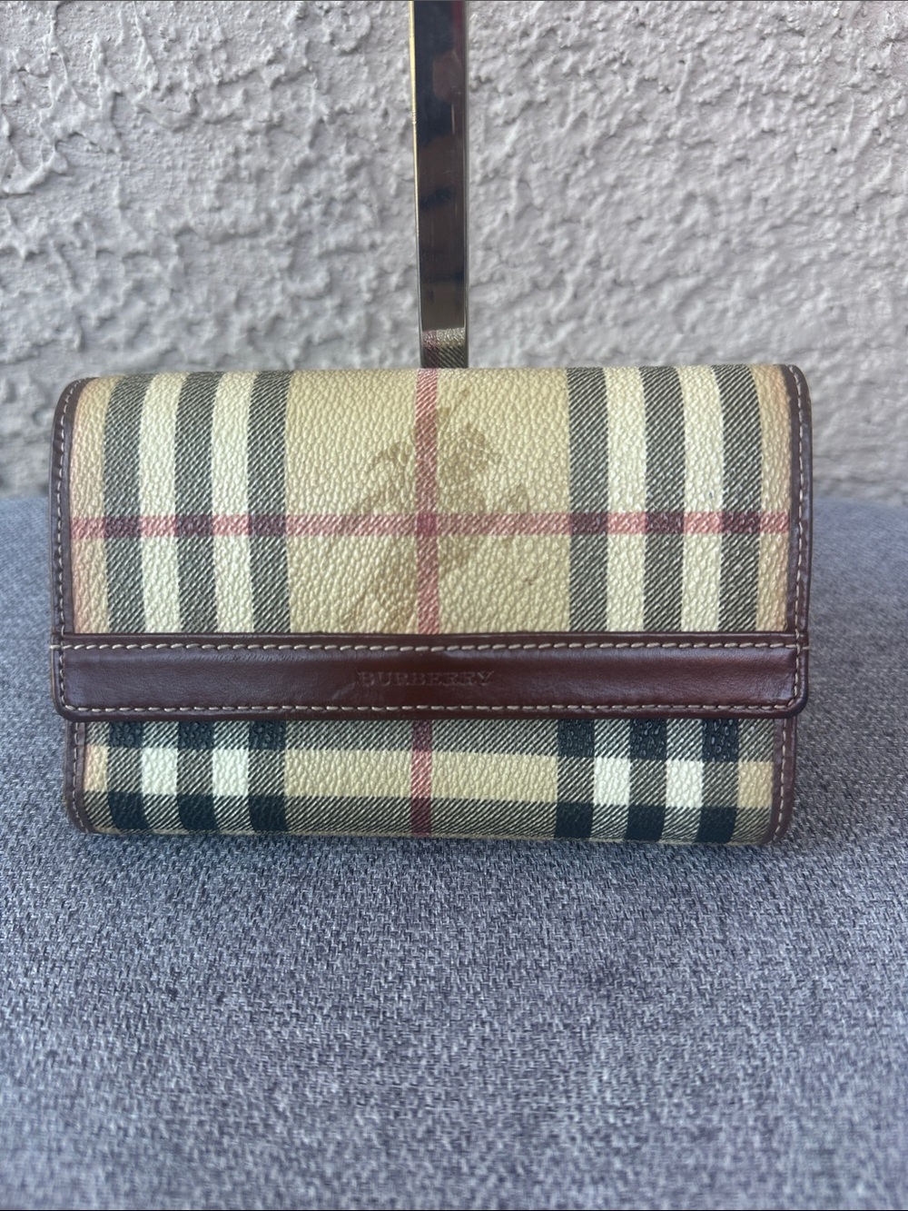 Burberry Beige Plaid Wallet with Brown Leather Trim